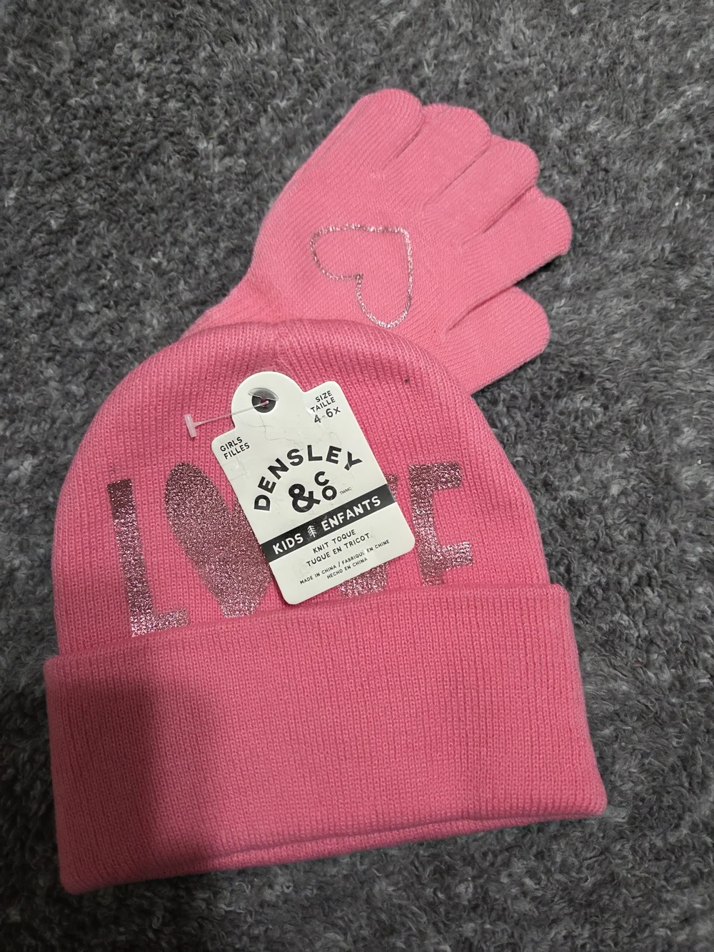 Kids Pink 'LOVE' Beanie and Gloves Set